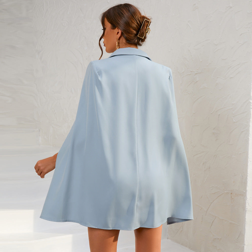 Cape Blazer Mini Dress with Belt and Gold Button Detail