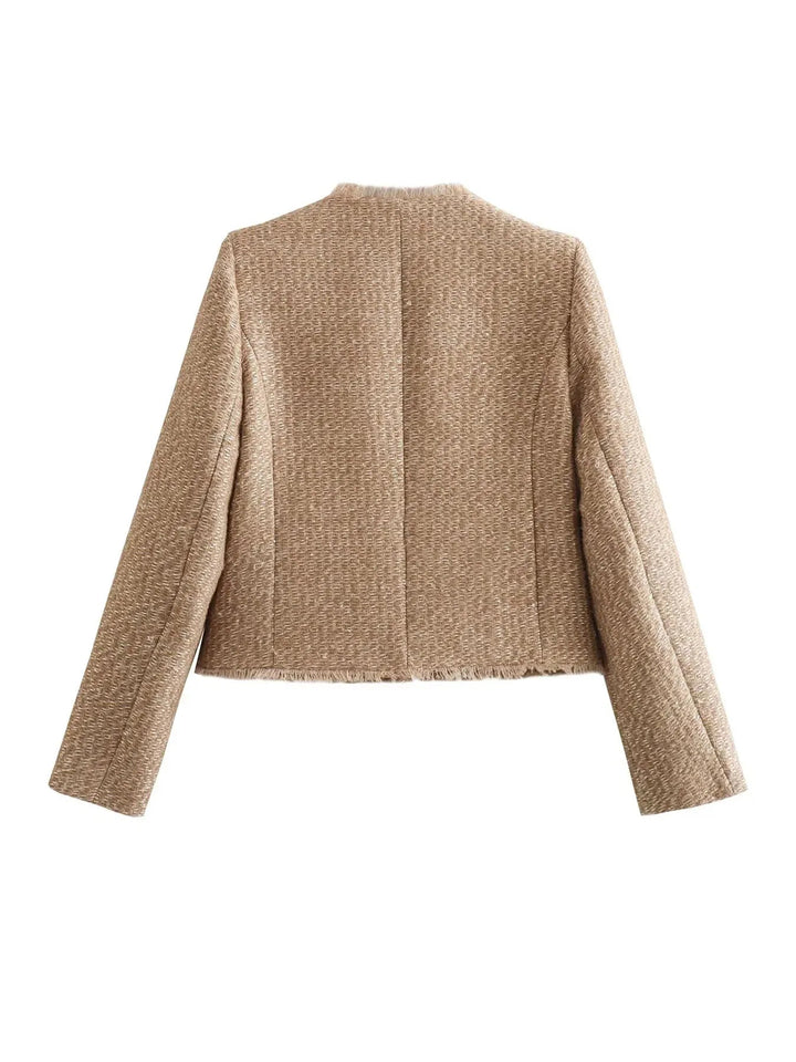 Women’s Blazer Jacket – Collarless, Gold Buttons, Four Pockets