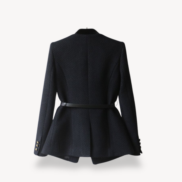 Women's Tailored Belted Blazer – Velvet Detail & Gold-Tone Finish